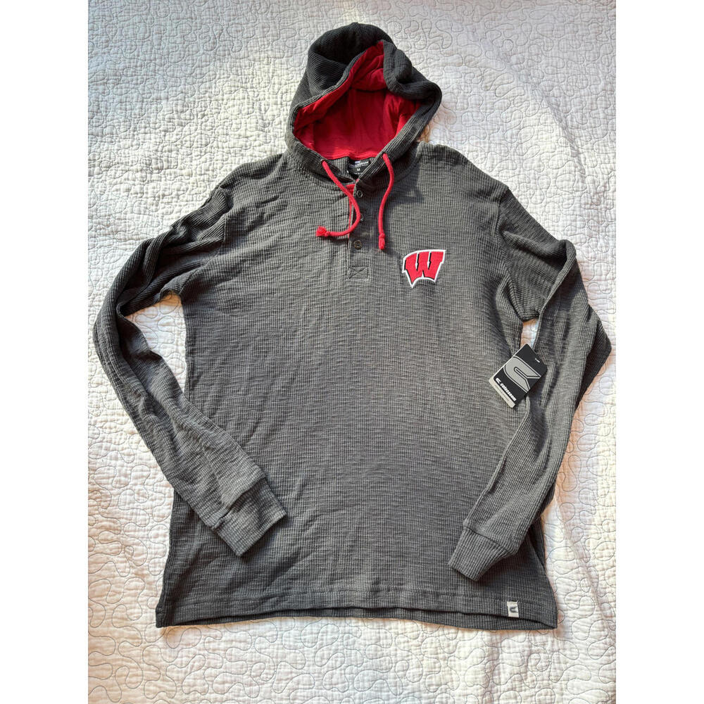 Colosseum Wisconsin Badgers Gray Waffle‎ Knit Hoodie Mens Size Medium #700